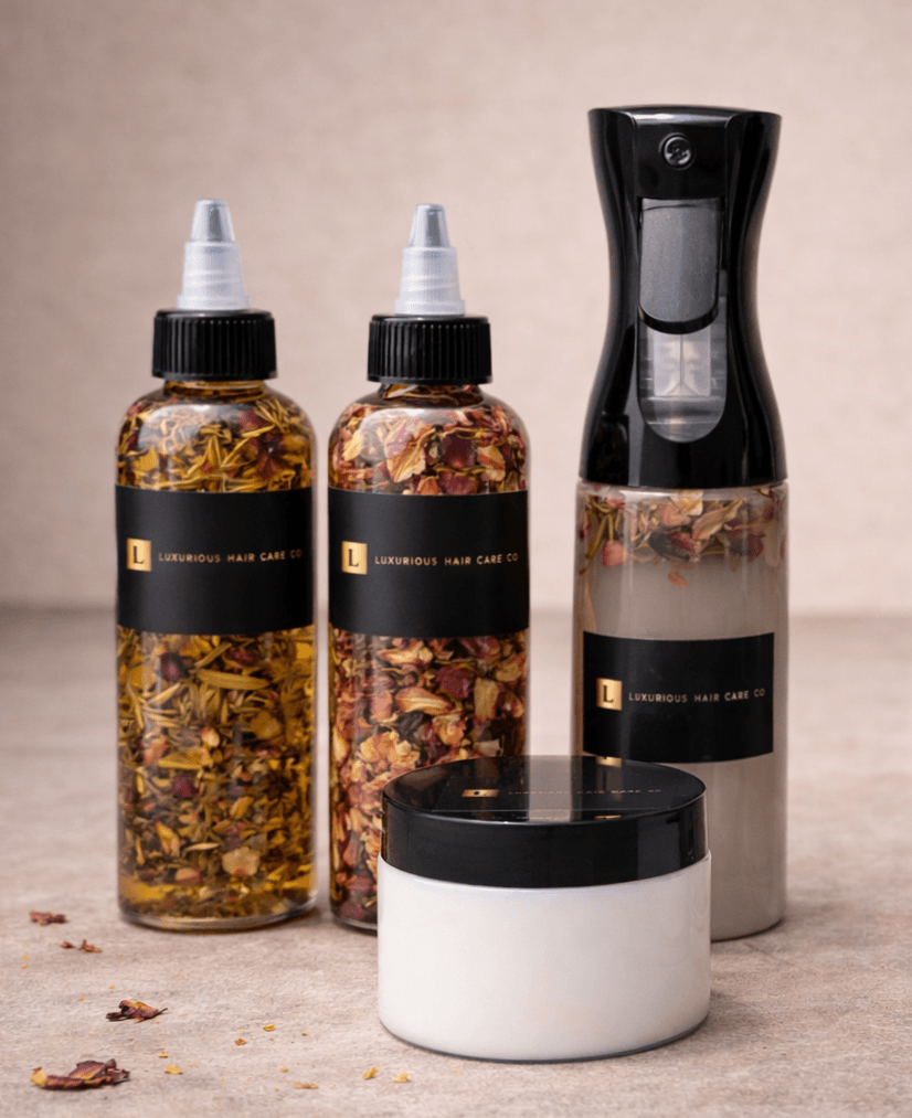 Luxurious Hair Care Co. herbal hair oils, spray, and mask made with real botanicals